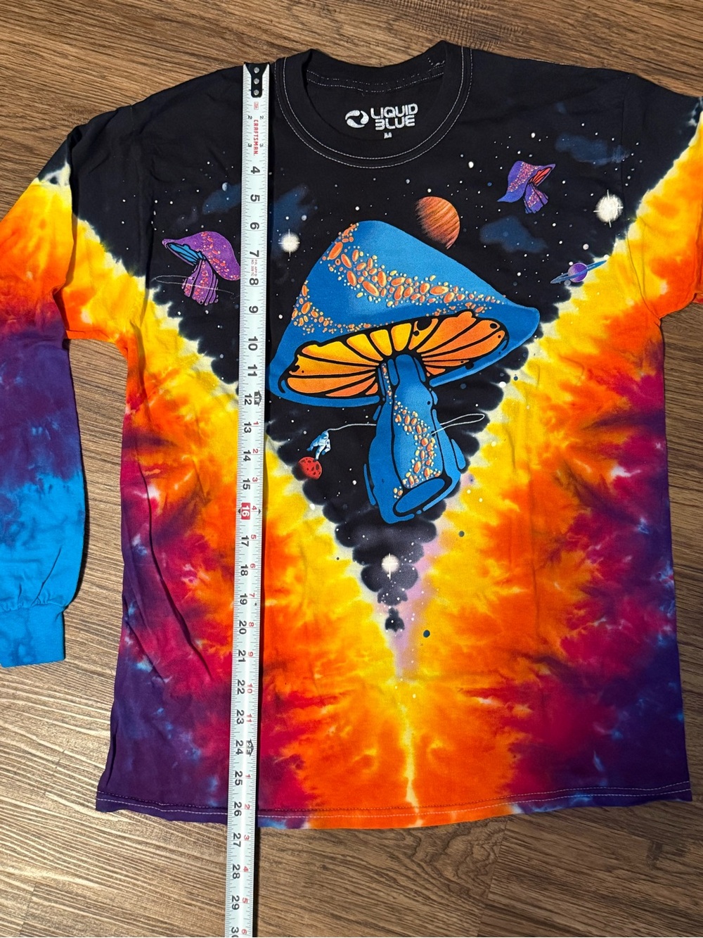 Liquid Blue Multicolor Tie-Dye Long Sleeve Tee with Psychedelic Mushroom Design - Picture 7 of 7